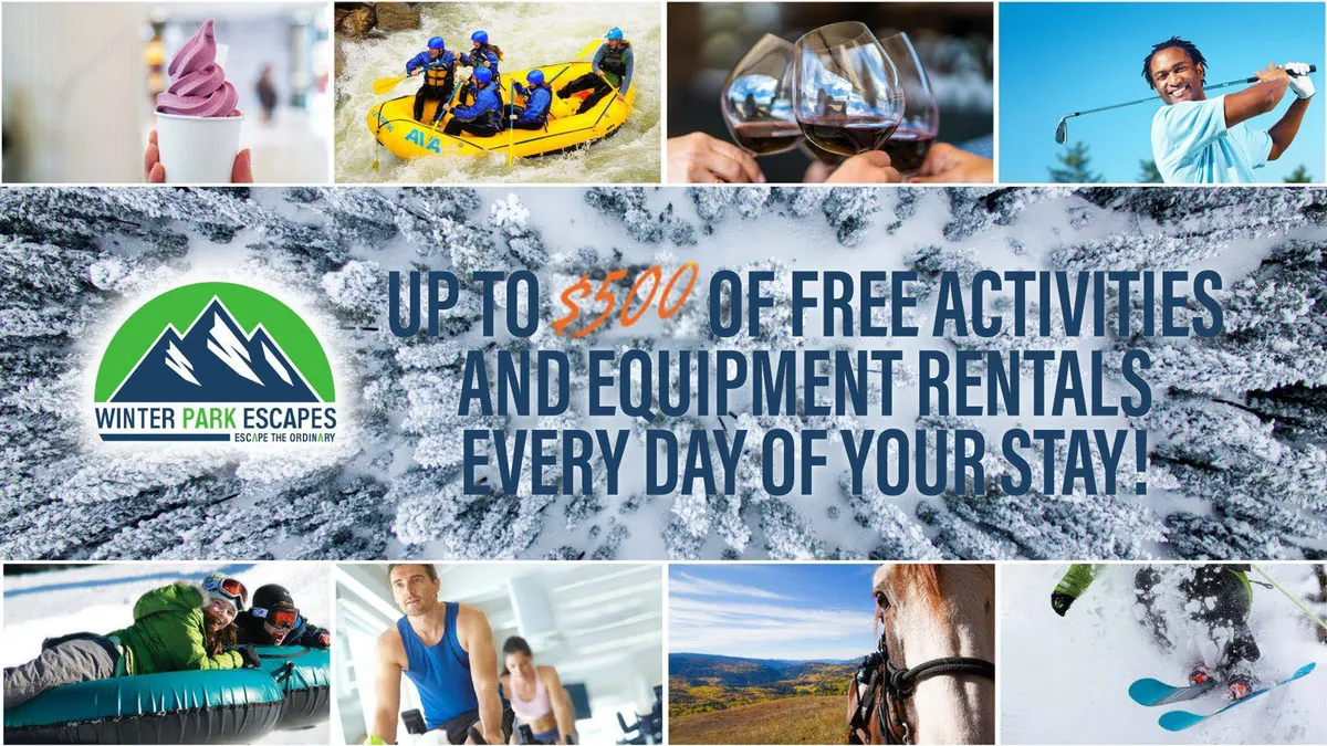 A dynamic interior collage highlighting guests partaking in outdoor adventures like white-water rafting, skiing, horseback riding, and enjoying gourmet food. The energy of family fun and seasonal excitement is palpable, tying together multiple experiences available at different times of year.