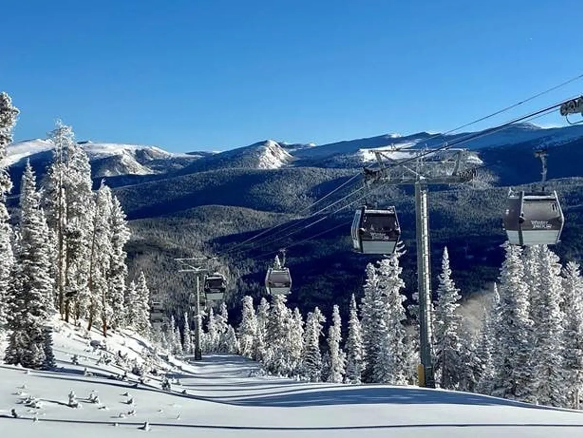 A sweeping view of ski lift gondolas gliding above snow-covered mountains and forested pine trees, embodying the thrill of winter sports and the beauty of the surrounding landscape. The scene is alive with the possibility of skiing, snowboarding, snowshoeing, and other winter adventures.