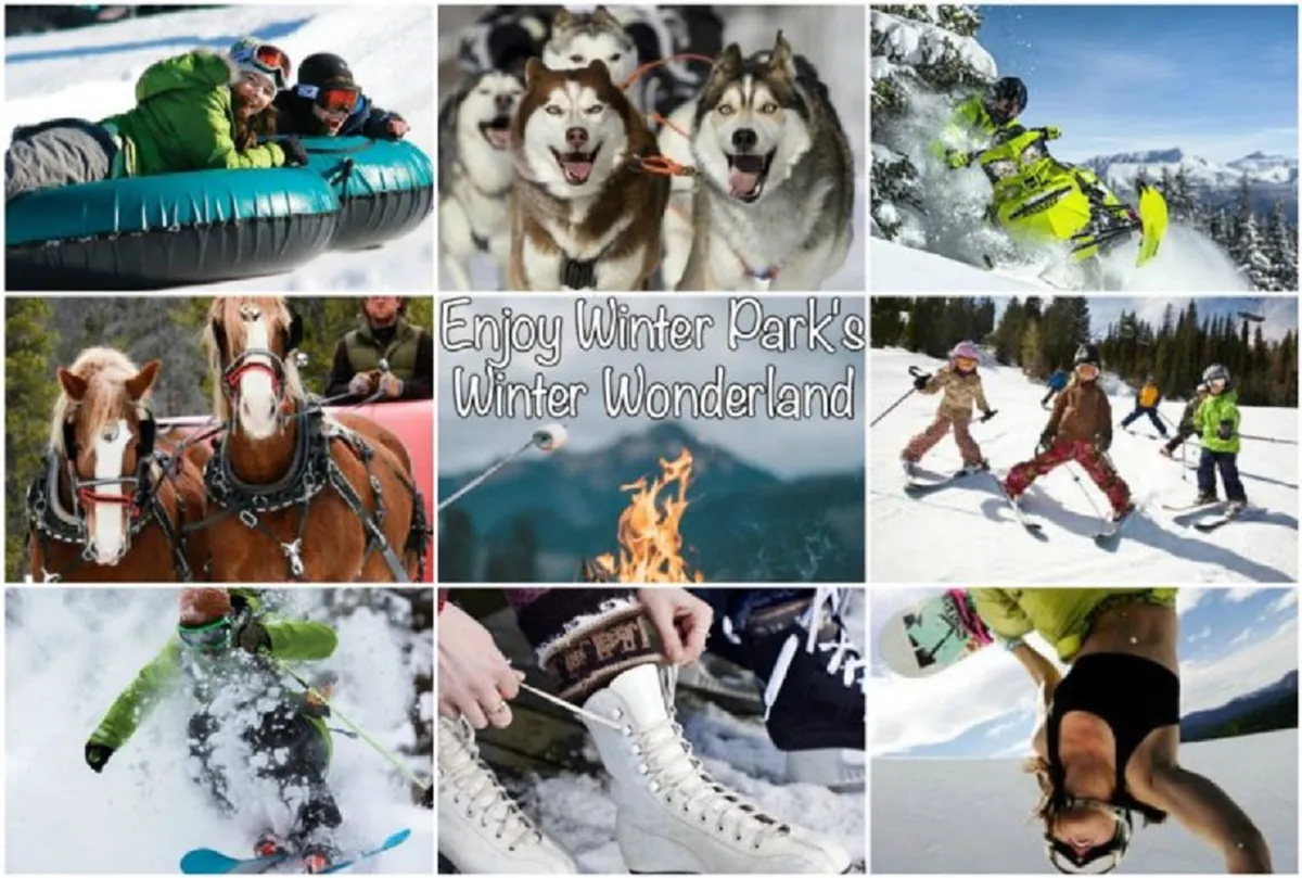 A festive winter scene bustling with activity: children and adults enjoy snow tubing, dog sledding with huskies, snowmobiling across powdery trails, ice skating, and cozying up by a fire. Horses and skis further highlight the variety of snowy experiences on offer.